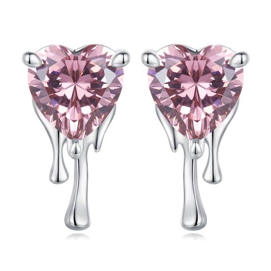 925 Sterling Silver Pink CZ Dripping with Love Heart Earrings