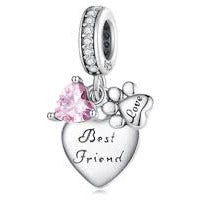 925 Sterling Silver Best Friend Dog Paw And Heart Dangle Charm