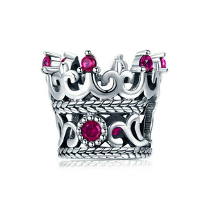925 Sterling Silver Pink CZ Crown Bead Charm