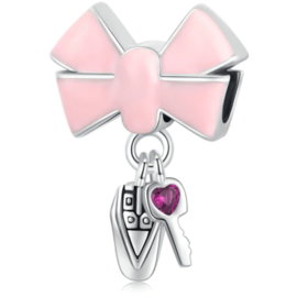 925 Sterling Silver Pink Enamel Bow With Car Keys Dangle Charm