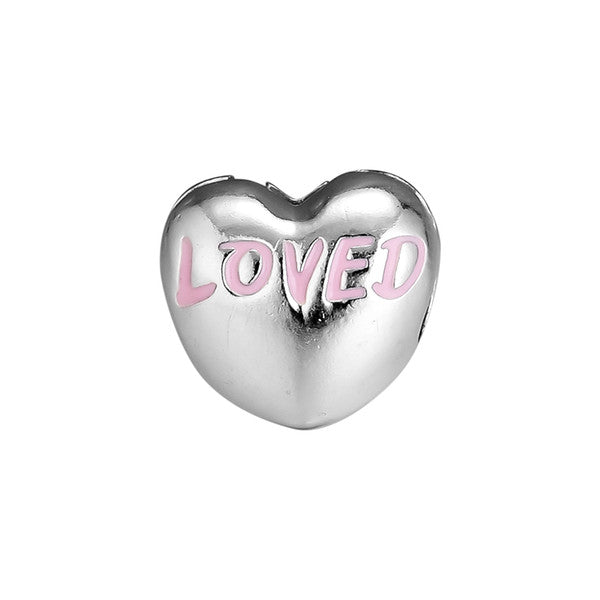 925 Sterling Silver Heart Shaped Pink Enamel LOVED CLIP