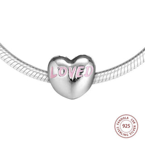 925 Sterling Silver Heart Shaped Pink Enamel LOVED CLIP