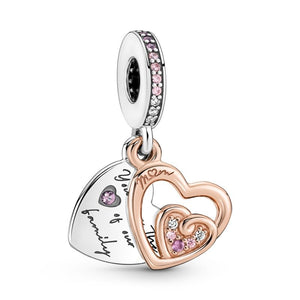 925 Sterling Silver and Rose Gold Plated "mom you are the heart of the Family" Dangle Charm