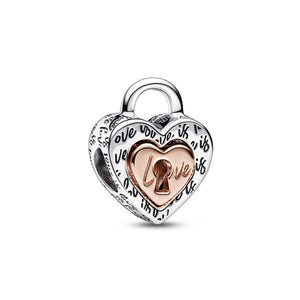 925 Sterling Silver and Rose Gold Padlock Heart Bead Charm