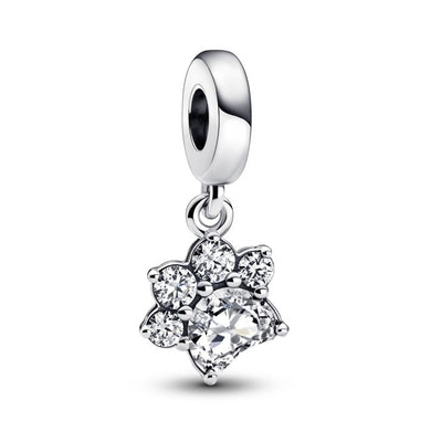925 Sterling Silver Paw Print On My Heart Cz Dangle Charm