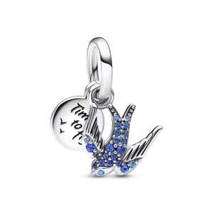 925 Sterling Silver Blue CZ Swallow 'Time to fly' Dangle Charm
