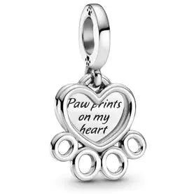 925 Sterling Silver Dog Paw Heart ''Paw Print On My Heart'' Dangle Charm