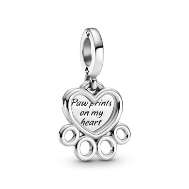 925 Sterling Silver Paw Prints in my Heart Dangle Charm