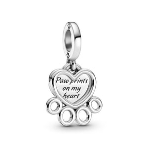 925 Sterling Silver Paw Prints in my Heart Dangle Charm