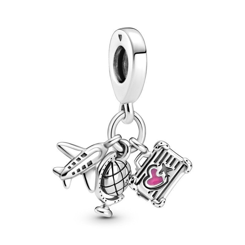 925 Sterling Silver Globe, Plane and Suitcase Dangle Charm