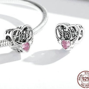 925 Sterling Silver Openwork Pink Crystal LOVE Heart Bead Charm