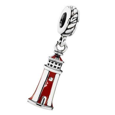 925 Sterling Silver Red Enamel Lighthouse Dangle Charm