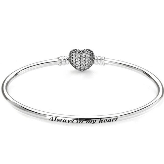 CZ Heart Clasp "Always in my Heart" SOLID Bangle
