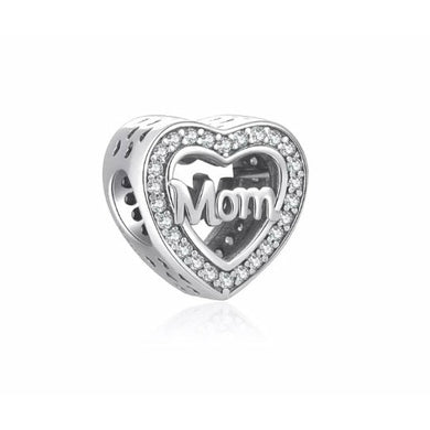 925 Sterling Silver Mom CZ Heart Bead Charm