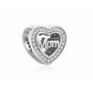 925 Sterling Silver Mom CZ Heart Bead Charm