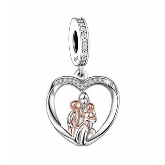 Two Tone Mother and Children Heart Dangle Charm
