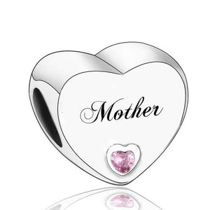 925 Sterling Silver CZ Mother Engraved Heart Bead Charm