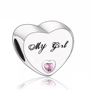 925 Sterling Silver CZ My Girl Engraved Heart Bead Charm