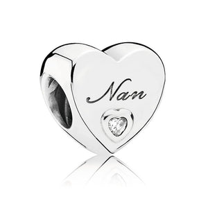 925 Sterling Silver Nan Engraved CZ Heart Bead Charm