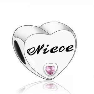 925 Sterling Silver CZ Niece Engraved Heart Bead Charm