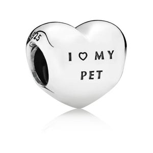 925 Sterling Silver CZ I Love my Pet Paw Print Heart Bead Charm