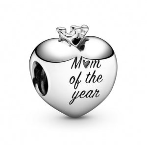 925 Sterling Silver Mom of the Year Crown Heart Bead Charm