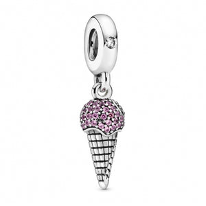 925 Sterling Silver Pink CZ Ice Cream Dangle Charm