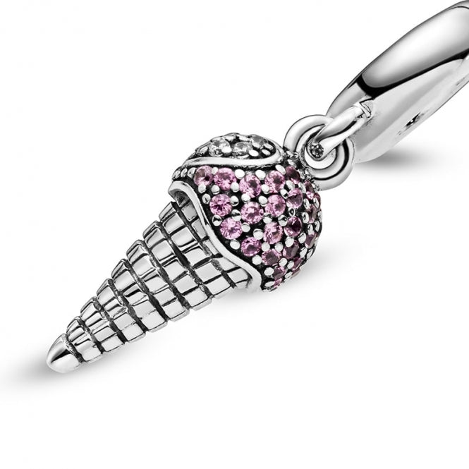 925 Sterling Silver Pink CZ Ice Cream Dangle Charm