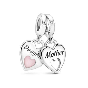 925 Sterling Silver Mother and Daughter Heart SET Dangle Charm