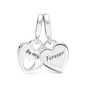 925 Sterling Silver Mother and Daughter Heart SET Dangle Charm
