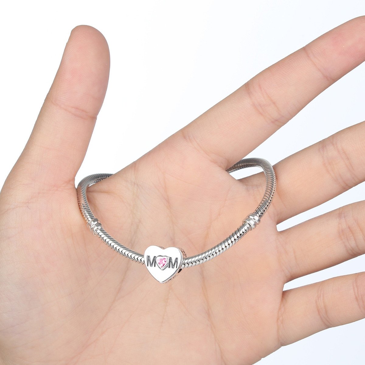 925 Sterling Silver Mother Heart Charms Fit Bracelet Jewelry Accessories With Pink Heart-Shaped Stone PAS299