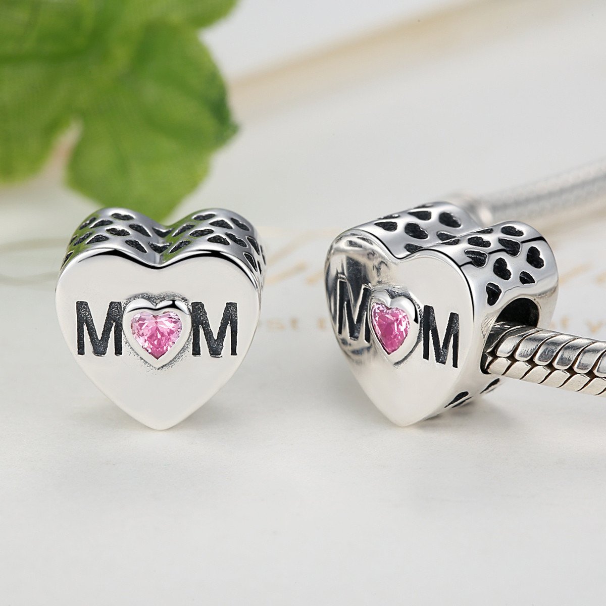 925 Sterling Silver Mother Heart Charms Fit Bracelet Jewelry Accessories With Pink Heart-Shaped Stone PAS299