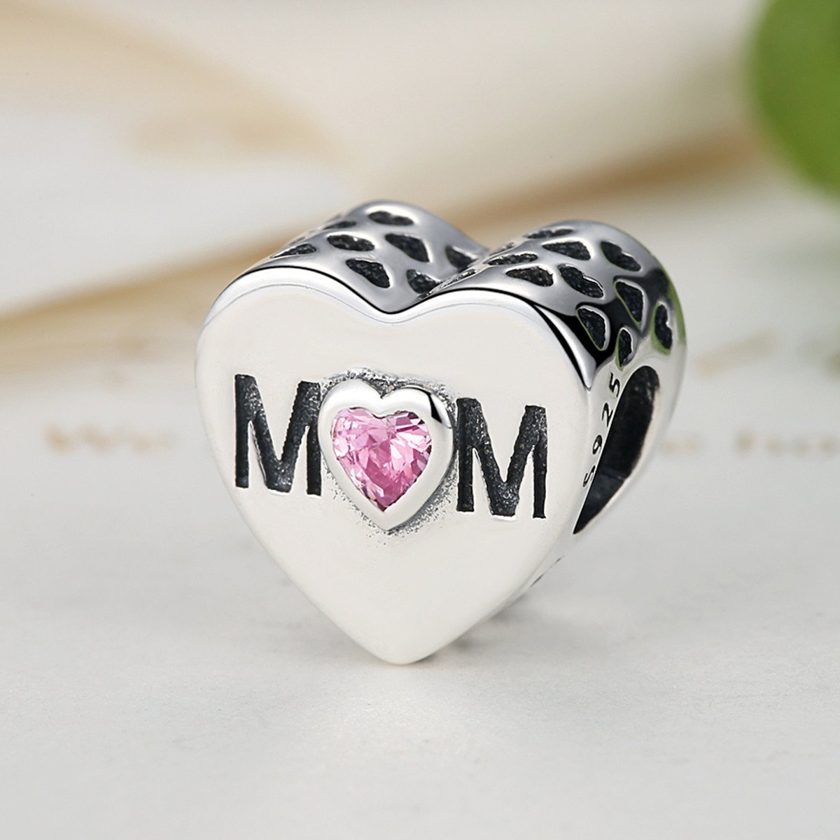 925 Sterling Silver Mother Heart Charms Fit Bracelet Jewelry Accessories With Pink Heart-Shaped Stone PAS299