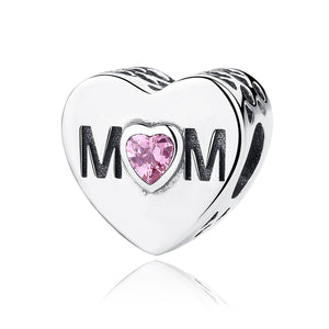 925 Sterling Silver Mother Heart Charms Fit Bracelet Jewelry Accessories With Pink Heart-Shaped Stone PAS299