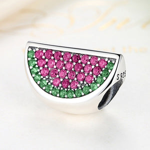 Lovely 925 Sterling Silver Pave Watermelon Red & Green CZ Charm fit Bracelets & Bangles Women Accessories PAS345
