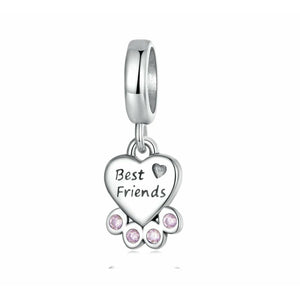 925 Sterling Silver Small Best Friends Pink CZ Paw Dangle Charm