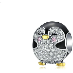 925 Sterling Silver Black Enamel CZ Baby Penguin Bead Charm