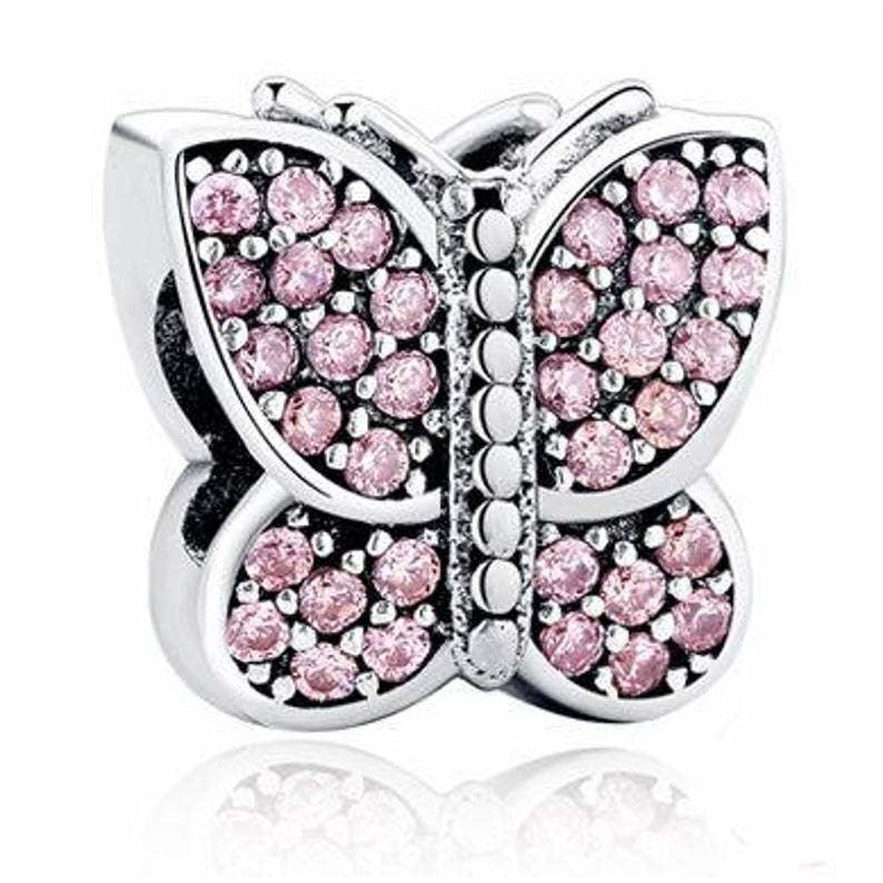 925 Sterling Silver Sparkling Pink CZ Butterfly Bead Charm