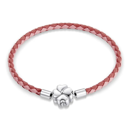 Clover Clasp Pink Single Leather Charm Bracelet