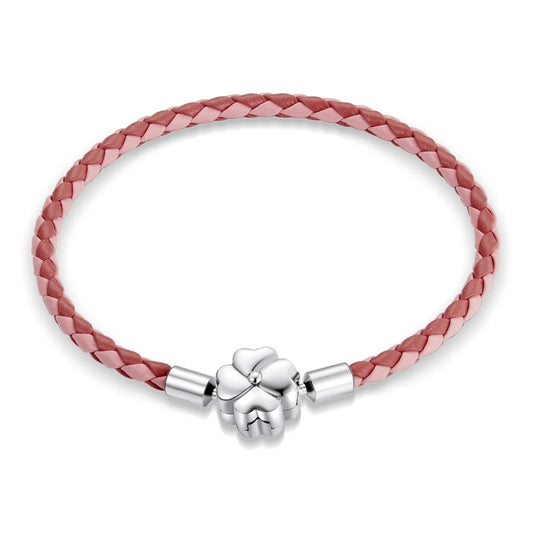 Clover Clasp Pink Single Leather Charm Bracelet