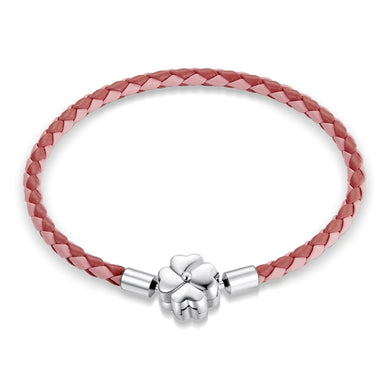 925 Sterling Silver Clover Clasp Pink Single Leather Charm Bracelet