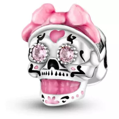925 Sterling Silver Pink Enamel Mexican Skull Bead Charm