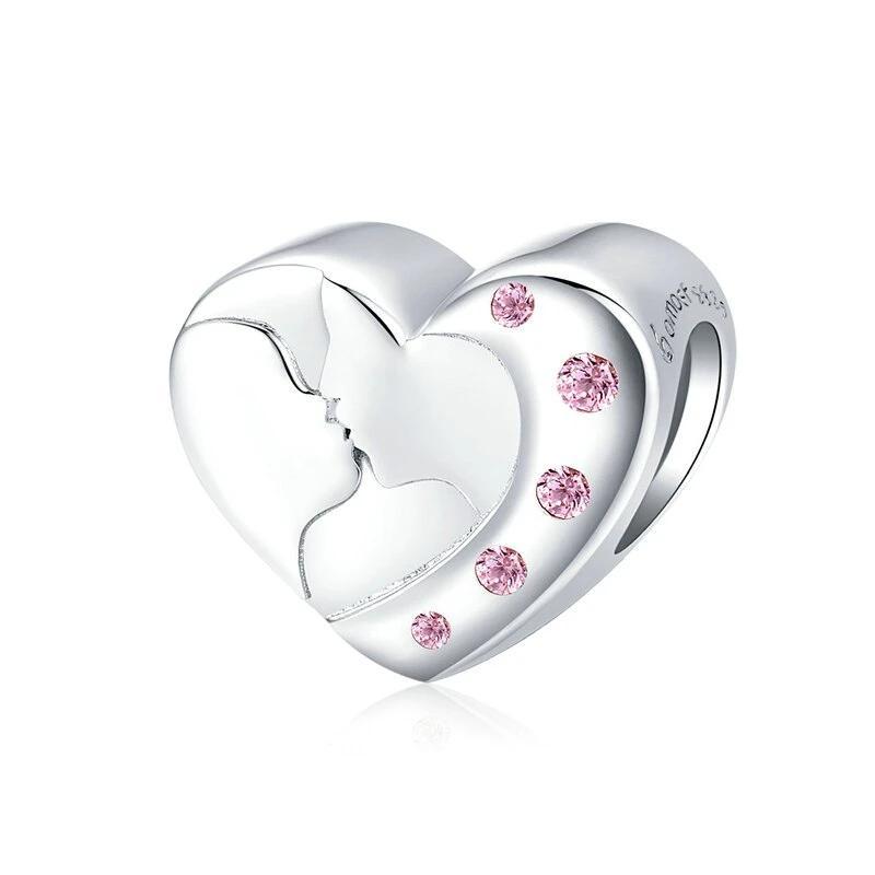 925 Sterling Silver Sweet Kiss Heart Pink CZ Bead Charm