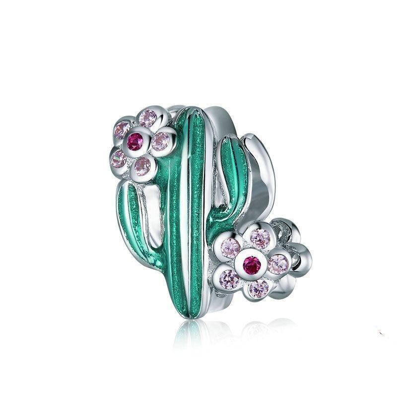 Cactus Green Enamel Pink Flowers CZ Bead Charm