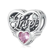 Load image into Gallery viewer, 925 Sterling Silver Openwork Pink Crystal LOVE Heart Bead Charm