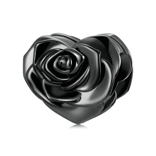 Black Enamel Rose Heart Bead Charm