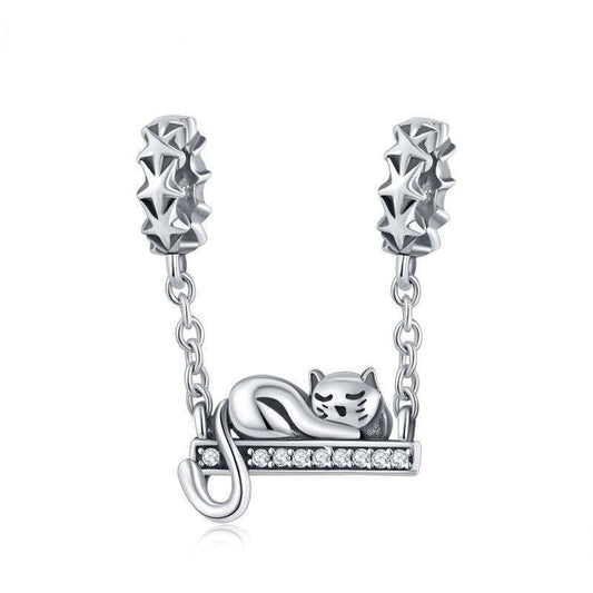 Adorable Cat Sleeping in the Stars CZ Dangle Charm