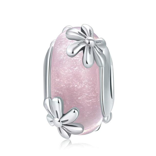 925 Sterling Silver Daisy Motive Pink European Murano Glass Bead Charm