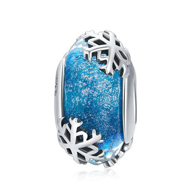 925 Sterling Silver Snowflake Motive European Blue Murano Glass Bead Charm