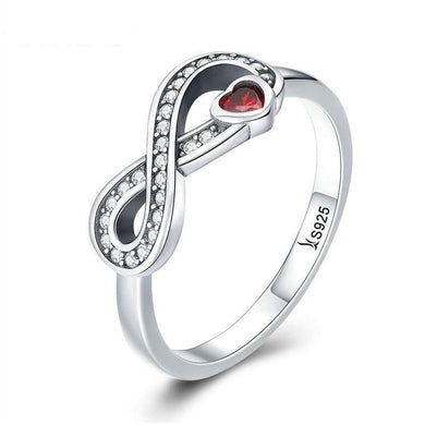 925 Sterling Silver Red CZ Heart and Infinity Love Forever Ring